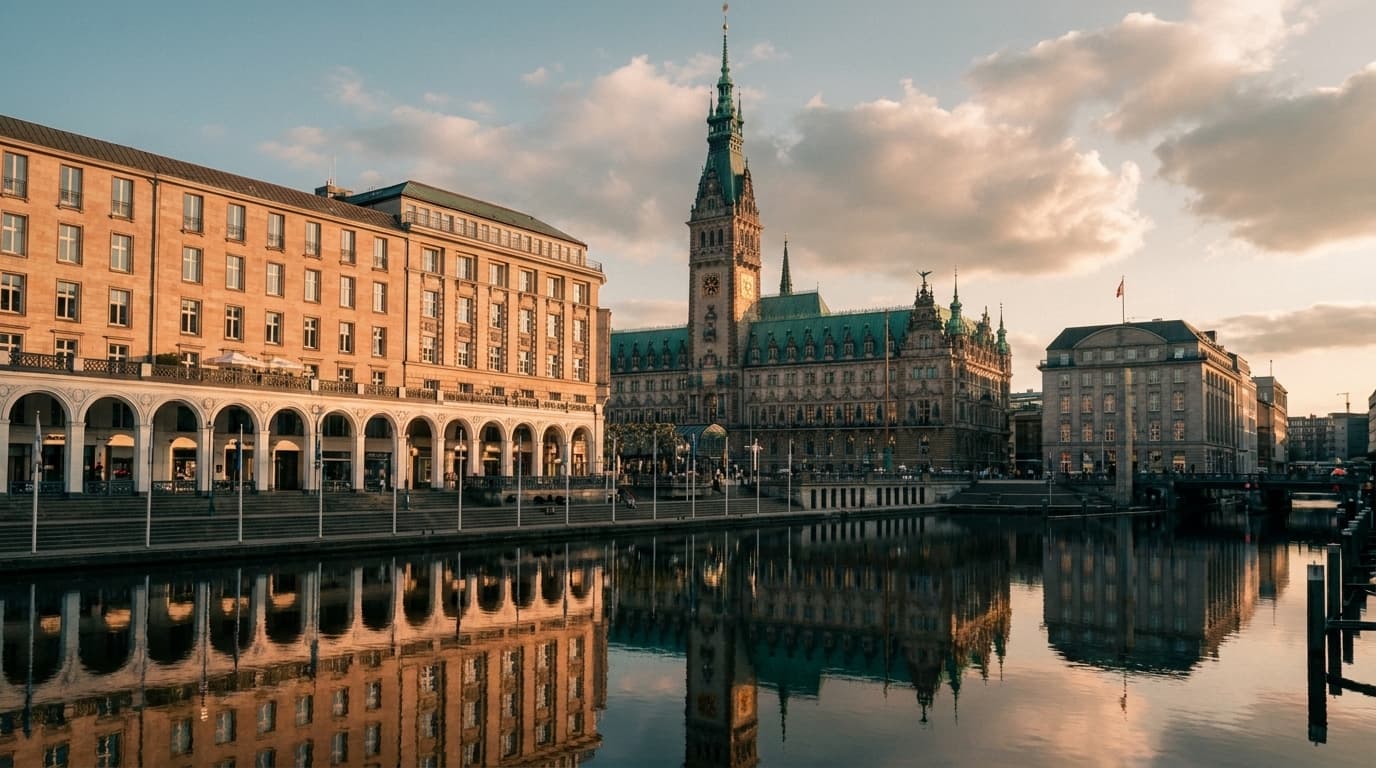 Das Hamburger Rathaus mit grünem Kupferdach und Turm, gespiegelt in der Alster, mit den Alsterarkaden, der Ort des Kulturmarkts in der Rathauspassage