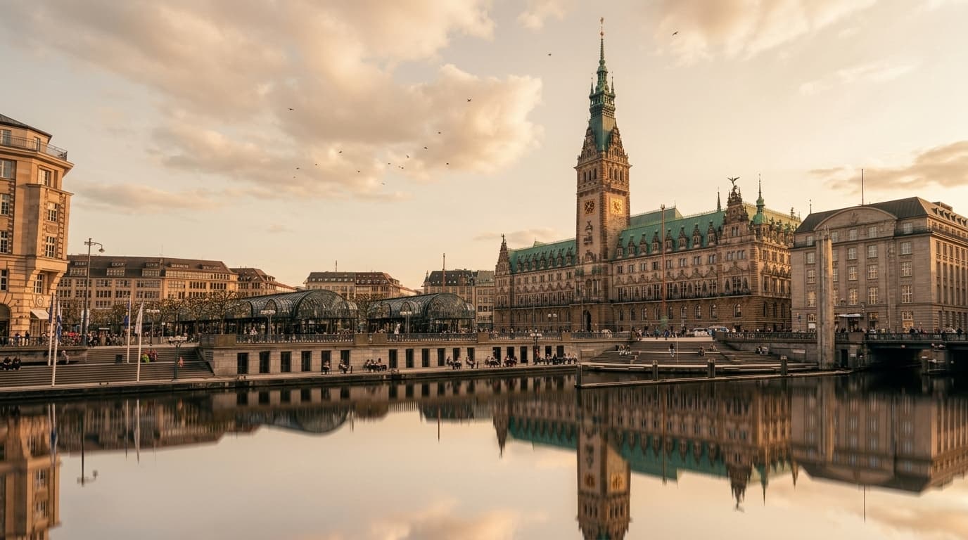 Das Hamburger Rathaus, gespiegelt im Wasser der Kleinen Alster, im warmen Abendlicht