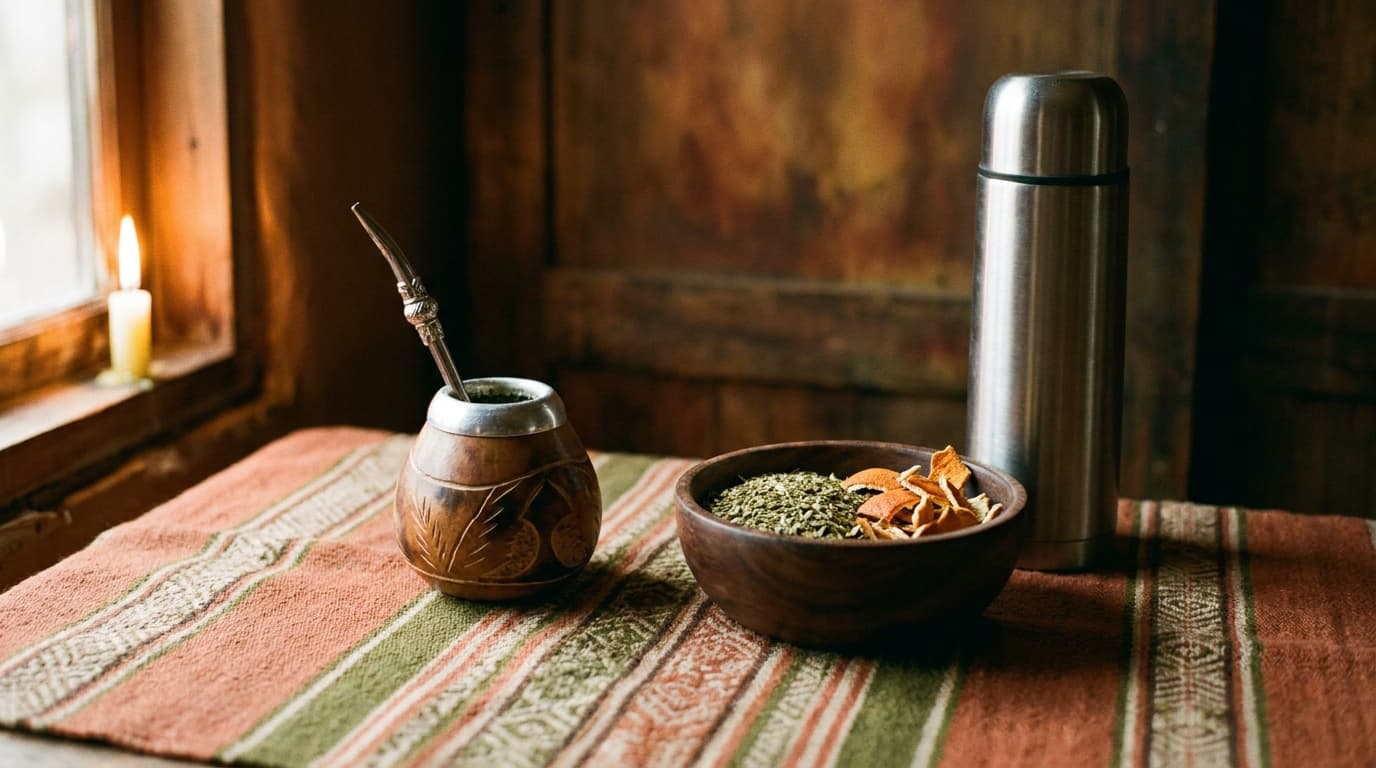 Mate-Zeremonie Set mit Kalebasse, Bombilla, Yerba und Thermoskanne auf gewebtem Tuch