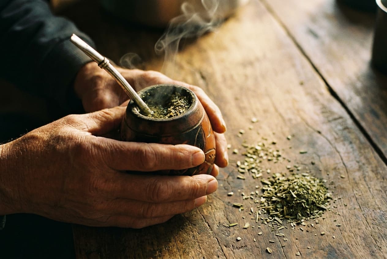 Hände halten eine carved Kalebasse mit Bombilla, Yerba daneben
