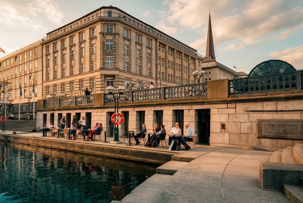 Menschen sitzen an Tischen am Wasser der Alsterarkaden in der Hamburger Innenstadt, ein Ort der Begegnung