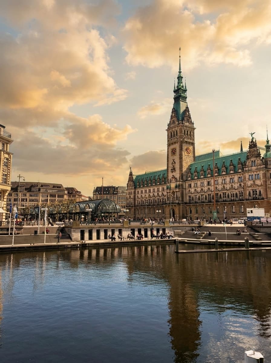 Das Hamburger Rathaus über dem Kanal Kleine Alster unter einem warmen Abendhimmel, mitten im Zentrum von Hamburg