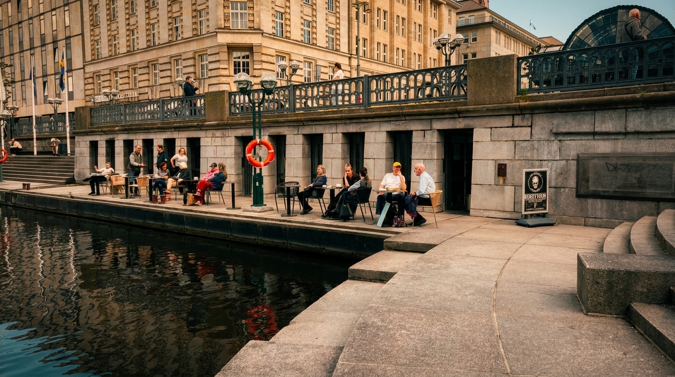 Die Terrasse am Wasser vor der Rathauspassage Hamburg, Menschen sitzen an den Tischen