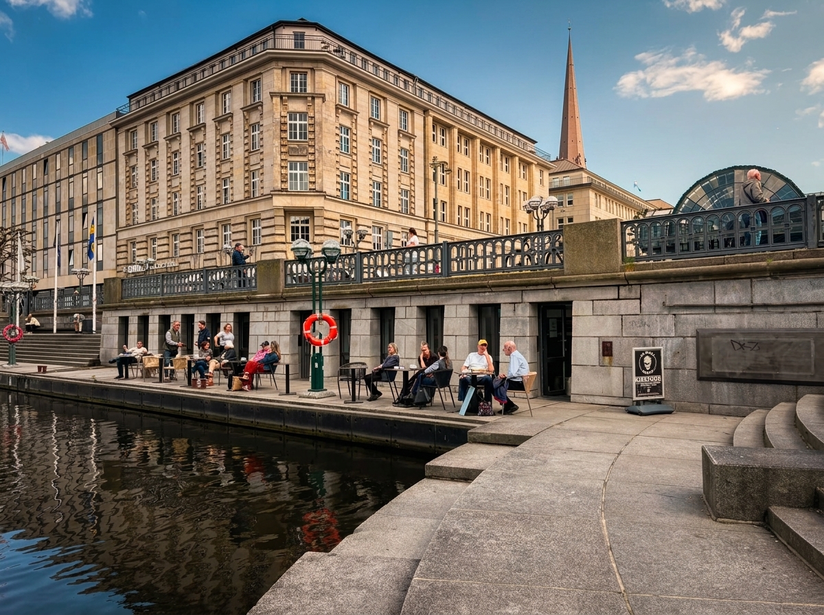 Die Arkaden der Rathauspassage am Kanal Kleine Alster, Menschen sitzen an den Tischen direkt am Wasser